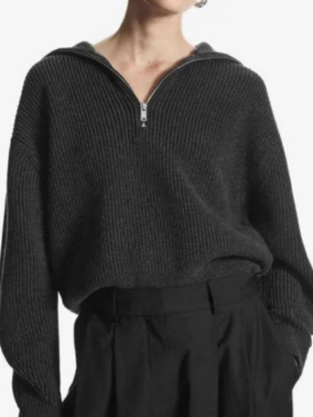COS Size L Wool and Cotton Half Zip Jumper Sweater Charcoal Gray EUC